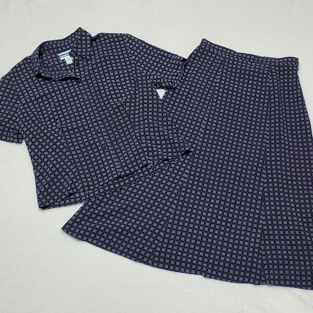VINTAGE 90s Pendleton Navy Blue Square Print Cropped Blouse Flared Skirt Set 6 - Picture 4 of 16